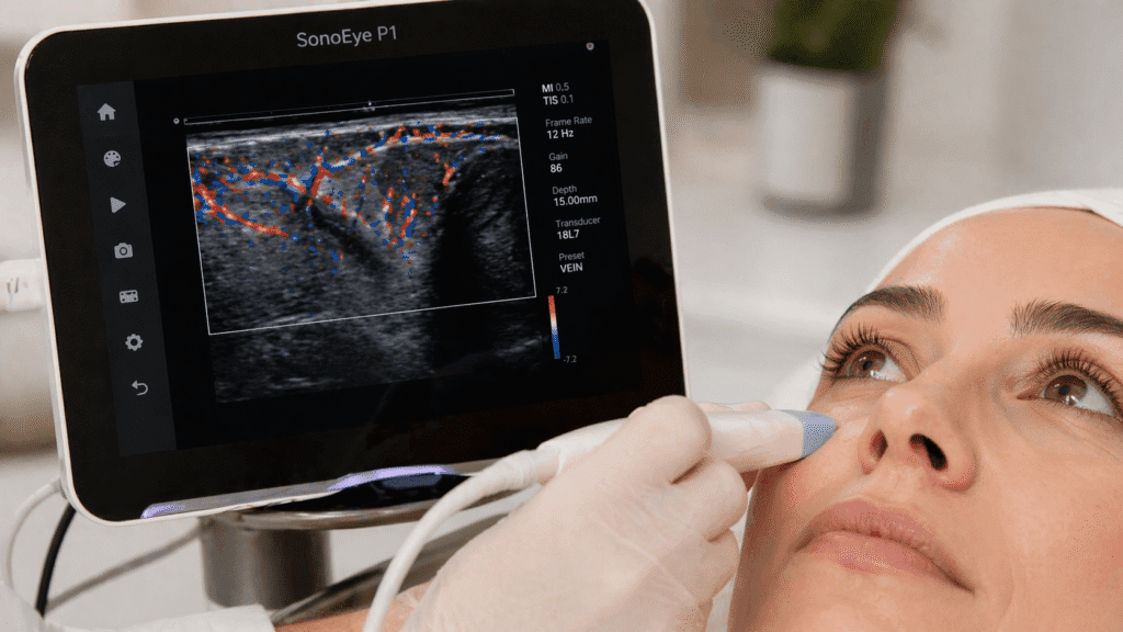 Mapeo vascular con ultrasonido Doppler antes de tratamiento de bolsas en los ojos en ALUMED