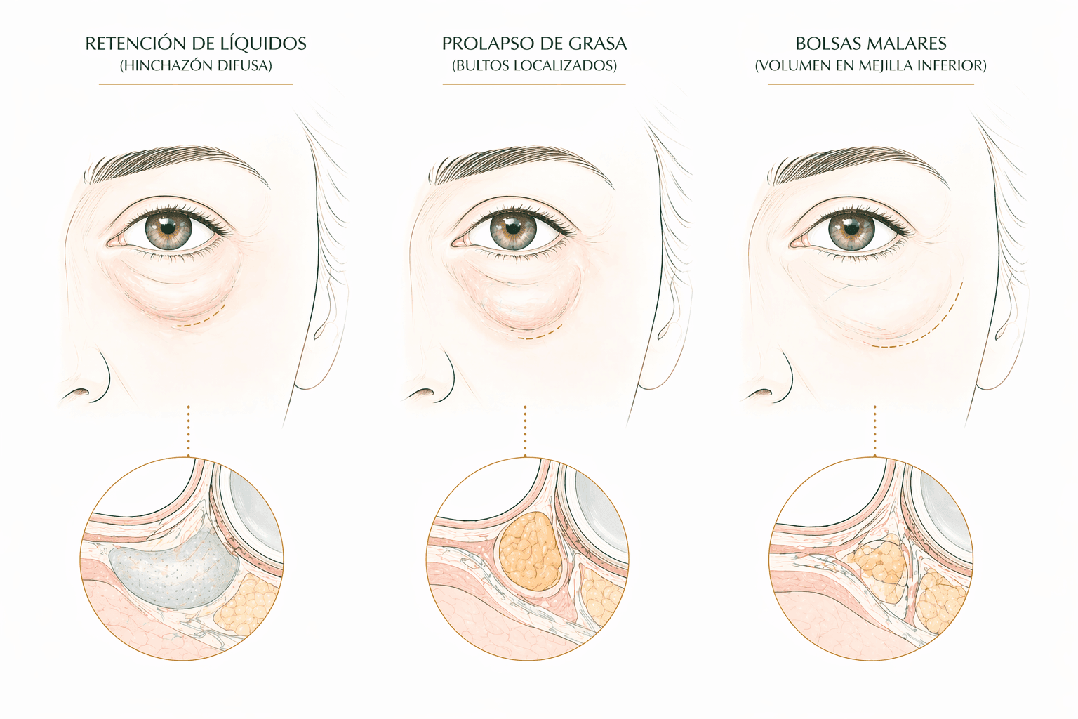 Tipos de bolsas en los ojos: retención, prolapso graso, bolsa malar y combinación con ojeras