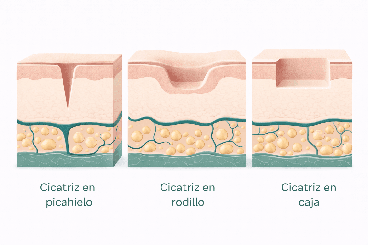 Diagrama de profundidad de cicatrices de acné y mecanismo de tratamiento