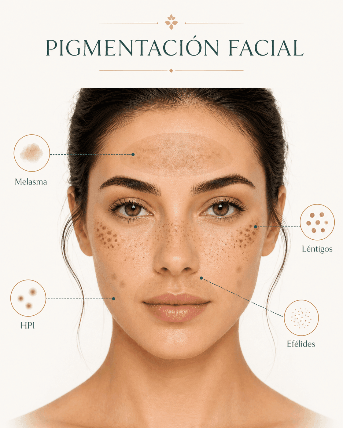 Tipos de manchas faciales: melasma, léntigos solares, hiperpigmentación post-inflamatoria y efélides