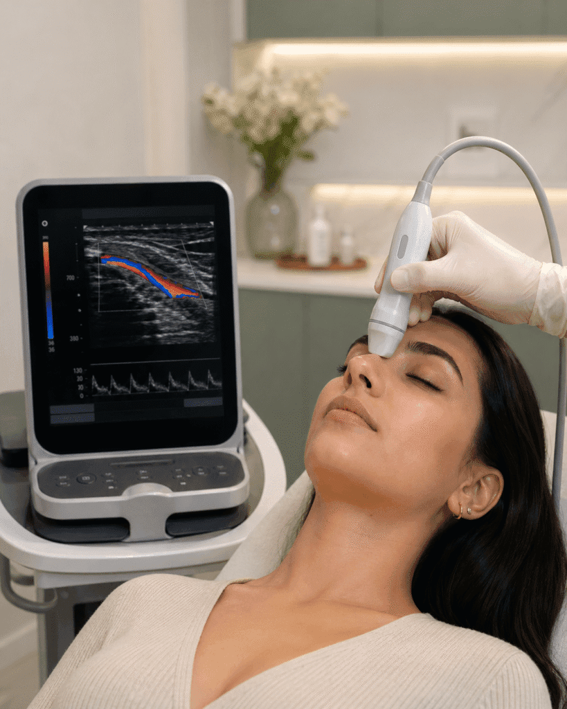 Mapeo vascular con ultrasonido Doppler de la arteria dorsal nasal antes de rinomodelación