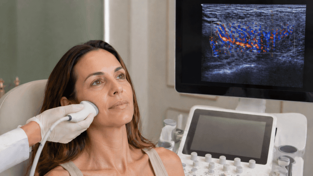 Mapeo vascular con ultrasonido Doppler antes de restauración facial post-GLP-1 en ALUMED