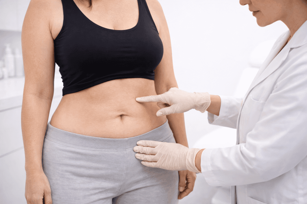 Dra. Alexandra Carreras evaluando laxitud cutánea para protocolo de retracción en ALUMED Monterrey