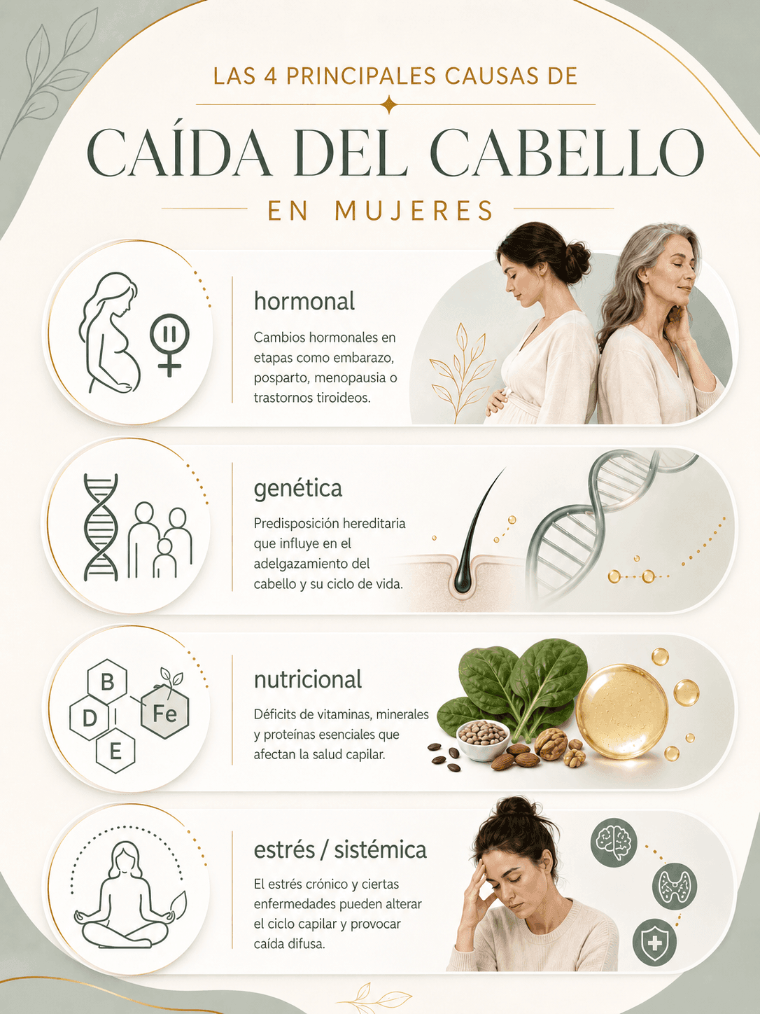 Causas principales de caída de cabello en mujeres: hormonal, genética, nutricional y por estrés