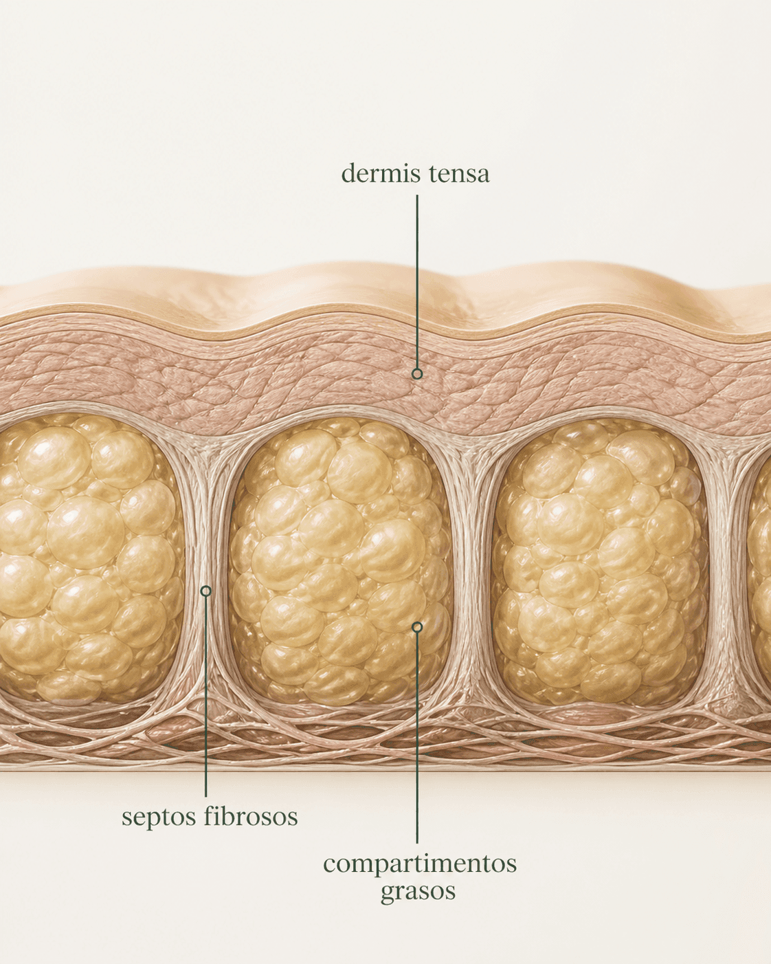 Anatomía de la celulitis: septos fibrosos verticales y compartimentos grasos en la dermis