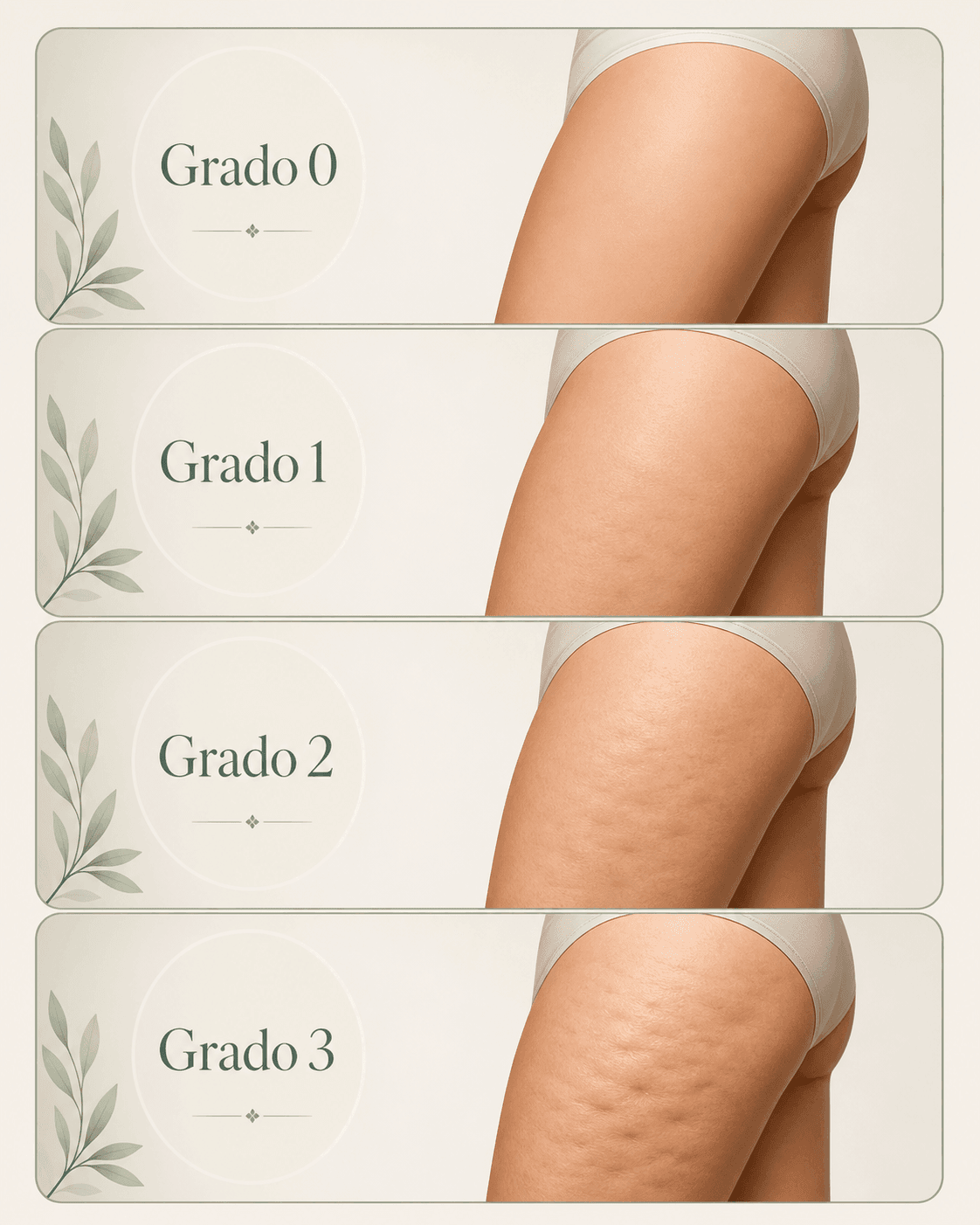 Escala Nürnberger-Müller de celulitis: grado 0, 1, 2 y 3