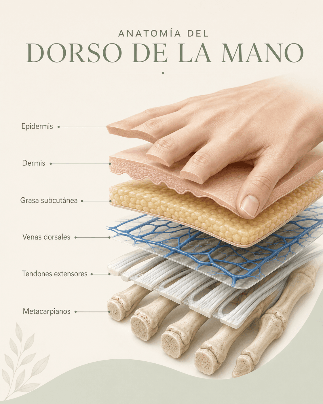 Anatomía del dorso de la mano: capas de piel, panículo adiposo, venas dorsales y tendones extensores