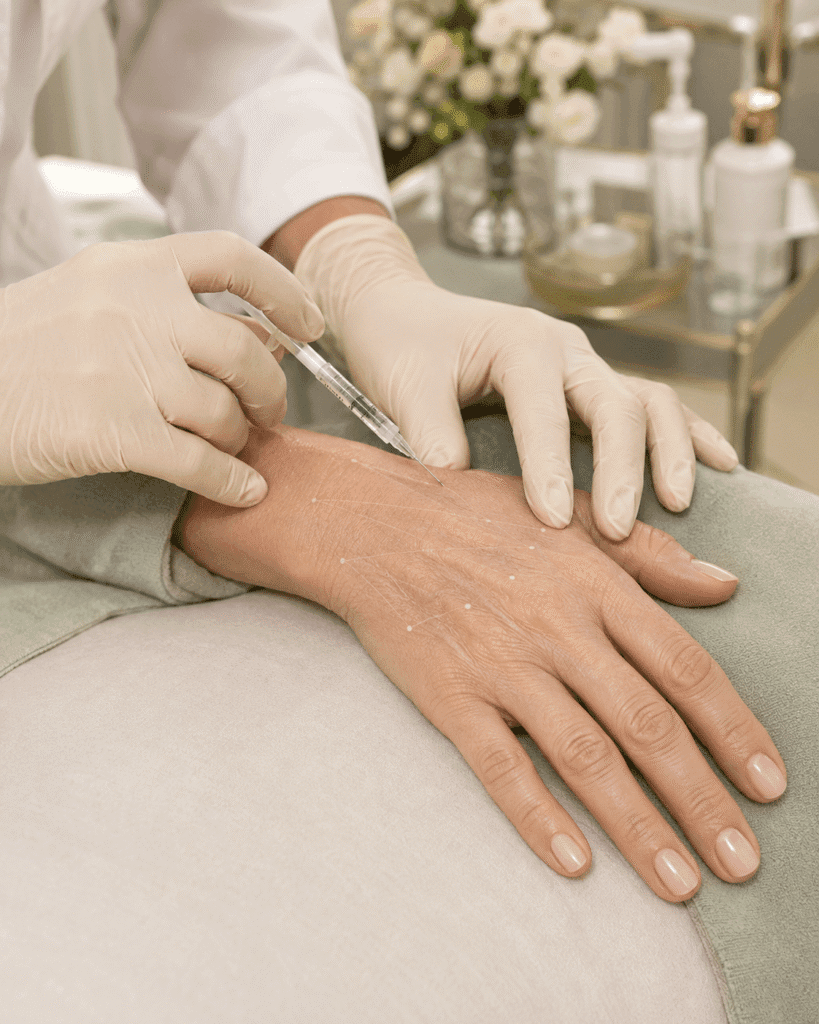 Aplicación de bioestimulador hiperdiluido en dorso de mano con técnica fan en plano subcutáneo
