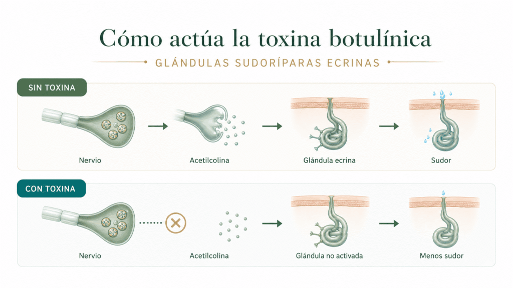 Mecanismo de acción de la toxina botulínica en glándulas sudoríparas ecrinas