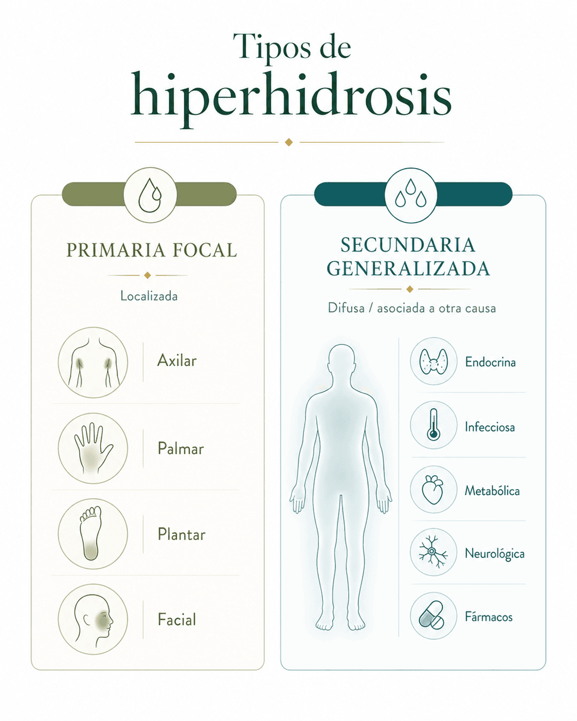Tipos de hiperhidrosis: primaria focal y secundaria generalizada