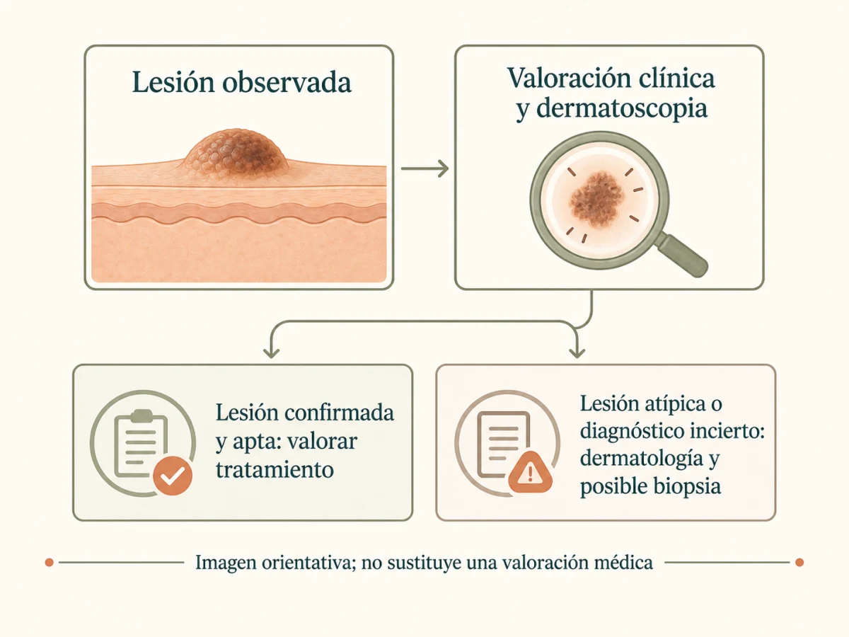 Ruta de valoración médica y dermatoscópica para una lesión pigmentada