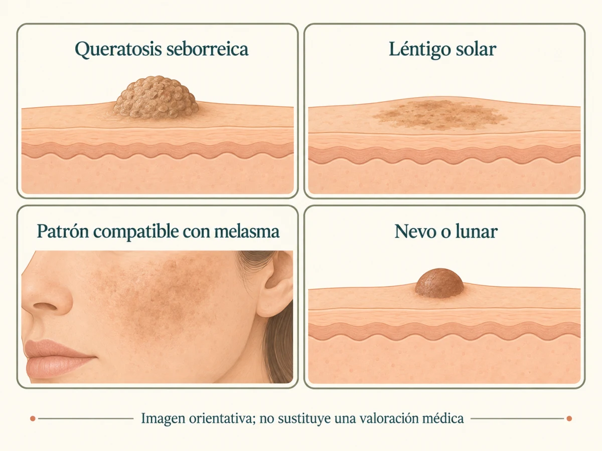 Diferencias orientativas entre queratosis seborreica, léntigo solar, melasma y lunar